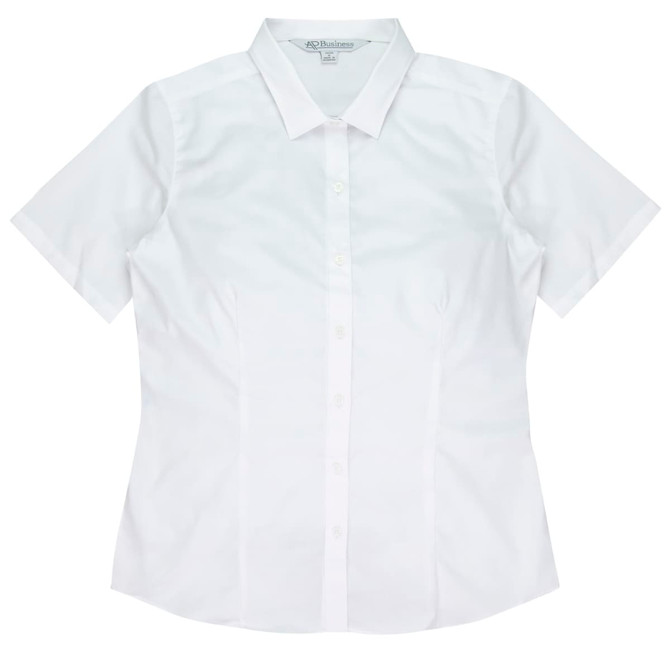 A short-sleeve button-up shirt in white, featuring a classic collar and a logo on the label.