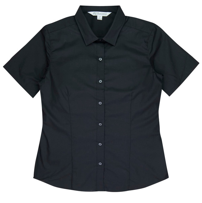 A black short-sleeve button-up shirt with a fitted design and a collar, featuring branding.
