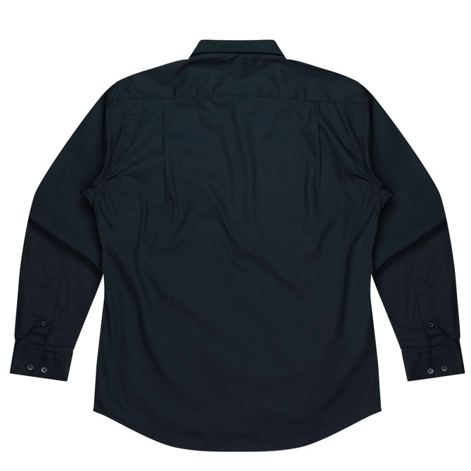 A long sleeve button-up shirt in dark colour with a plain back and button detailing. It features a brand logo.
