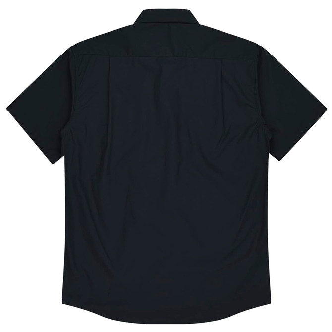 A short-sleeve button-up shirt in black, featuring a smooth fabric and a simple design with a logo.