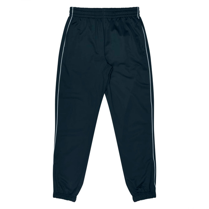 Dark blue kids' pants with side stripes and an elastic waistband, featuring branding.