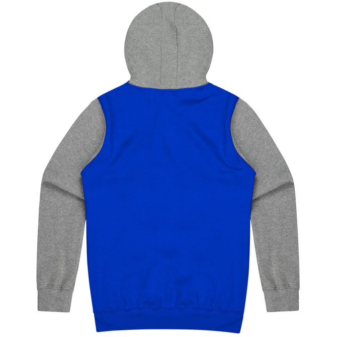 A blue hoodie with grey sleeves and a hood, featuring a logo on the back.