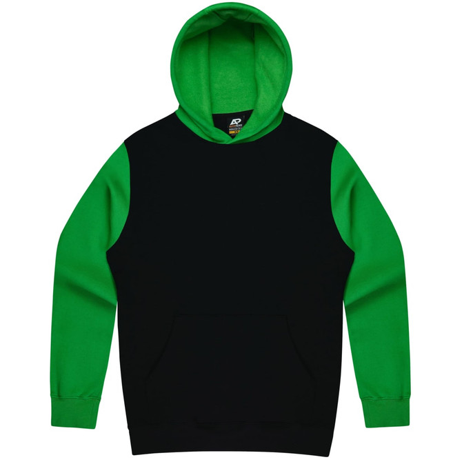 A black hoodie with green sleeves and a hood, featuring a front pocket and a logo.