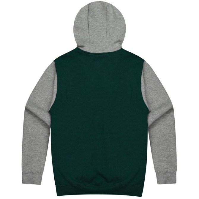 A hooded jumper featuring a green body and grey sleeves, with a double-lined hood and a logo.