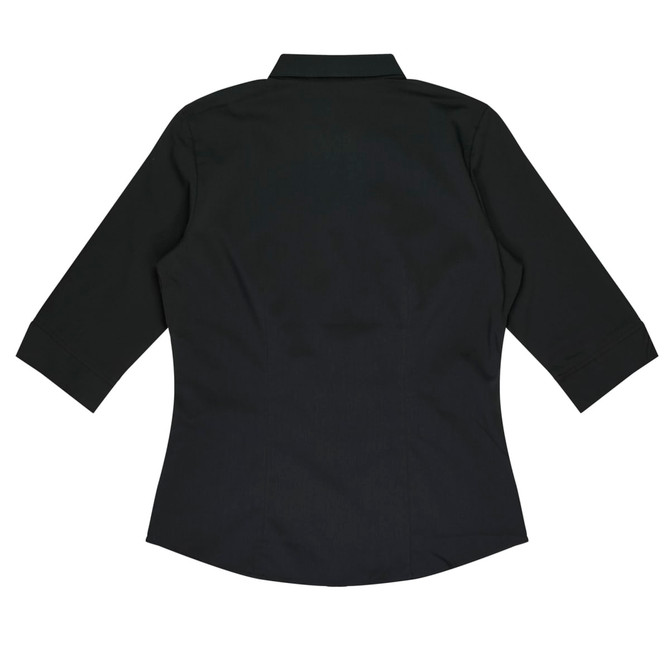 A black button-up shirt with 3/4 sleeves and a fitted design, featuring a back view. It includes a logo.