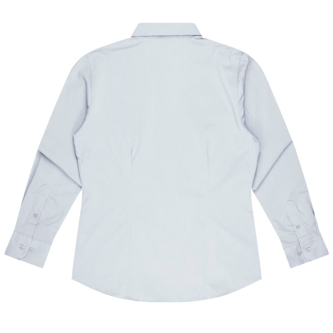 A long-sleeve button-up shirt in light blue, featuring a classic collar and buttoned cuffs. Includes a logo.