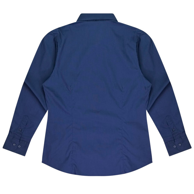 A long-sleeve button-up shirt in navy blue with a tailored back design and buttoned cuffs.