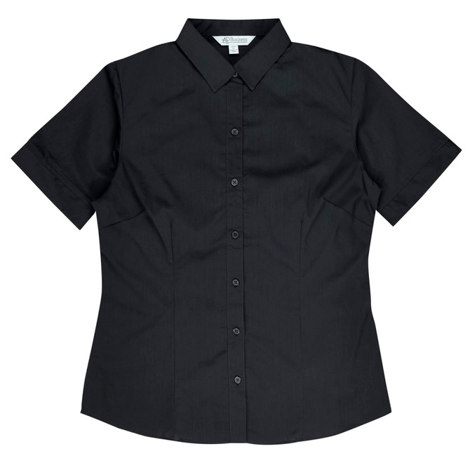 A short sleeve black button-up shirt with a fitted design and a collar, featuring a logo.