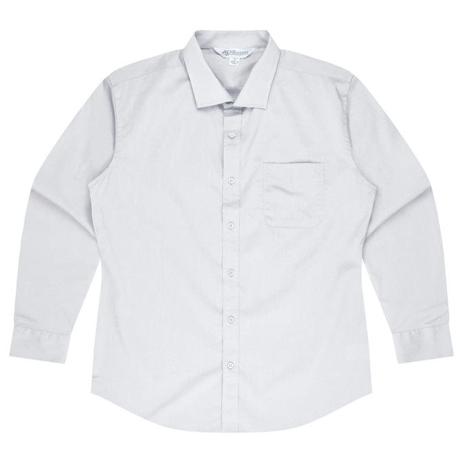 A long sleeve button-up shirt in light grey with a chest pocket and a logo on the label.