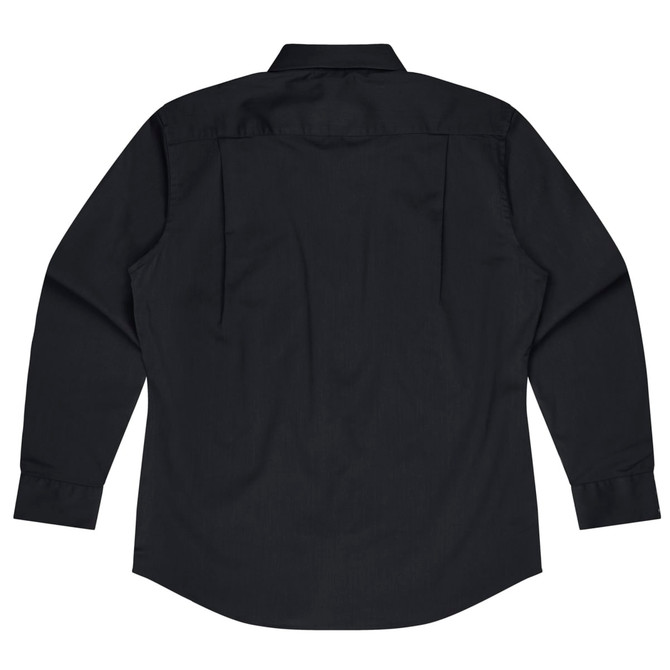 A long-sleeve button-up shirt in black, featuring a classic collar and back pleats, with a logo on the fabric.