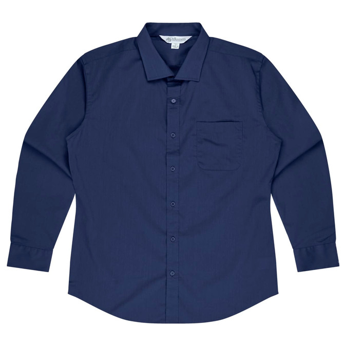 A navy long-sleeve button-up shirt featuring a single chest pocket and a logo.