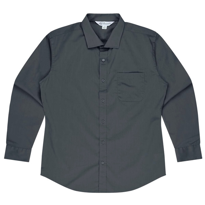 A long sleeve button-up shirt in dark grey, featuring a front pocket and a collar, with a logo on the label.