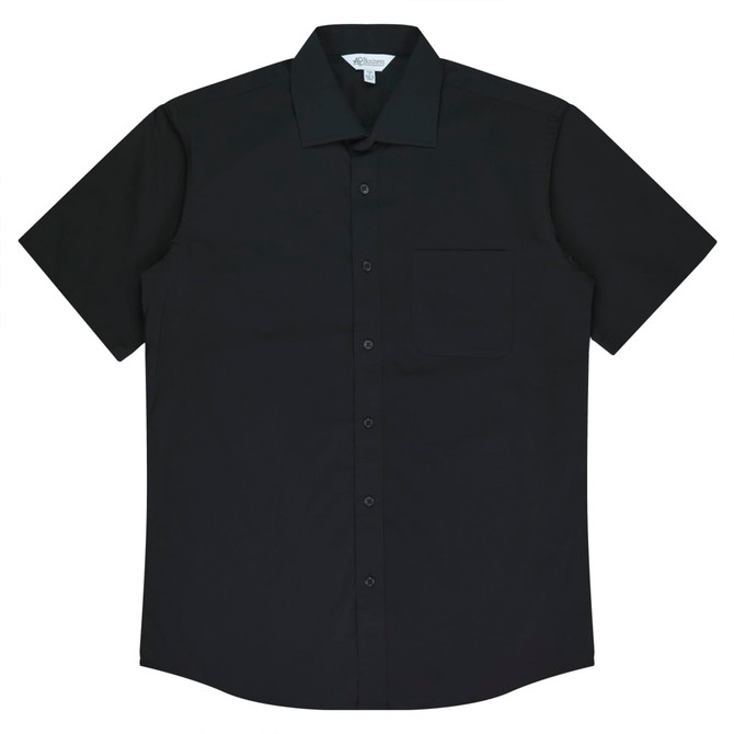 A black short sleeve button-up shirt with a chest pocket and a logo.