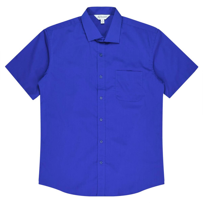 A short-sleeve button-up shirt in vibrant blue with a single chest pocket and a logo at the collar.