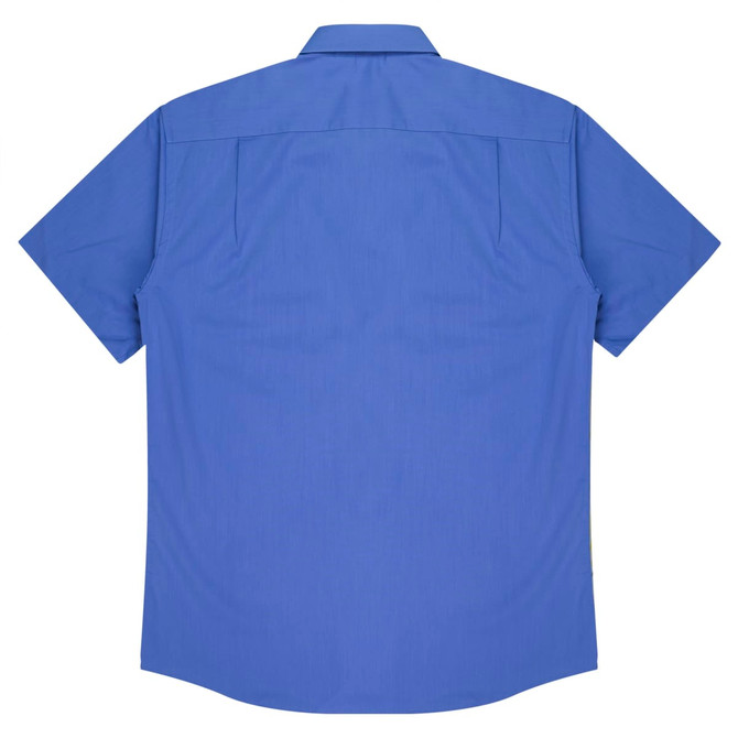 A short-sleeve button-up shirt in a vibrant blue colour, featuring a back yoke and logo.
