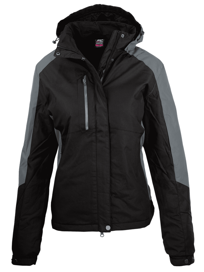 A black and grey women's jacket with a hood. Features a logo and zippered pockets.