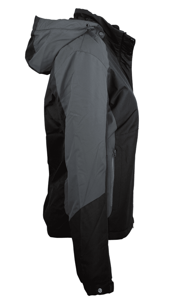A black and grey jacket with a hood and zippered pockets, featuring a logo.