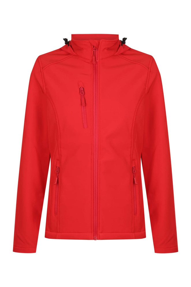 A red soft shell jacket featuring zippered pockets and a zip front, with a high collar. It includes a logo on the design.