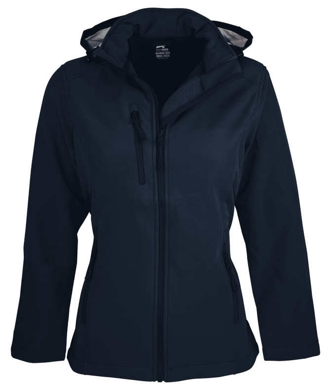 A navy blue soft shell jacket with a hood and zippered pockets, featuring a logo on the front.