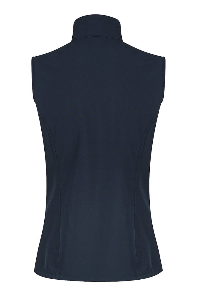A navy blue work vest with a high collar, featuring a sleek, fitted design and no sleeves. It has branding.