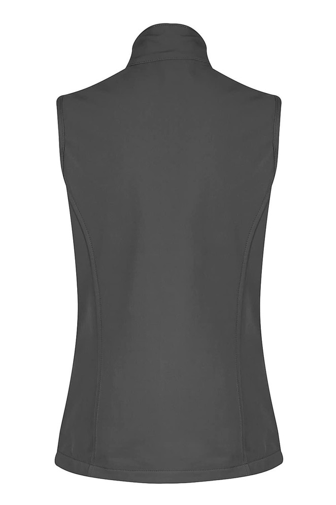 A grey sleeveless vest featuring a high collar and smooth fabric, designed for workwear. It has a logo.
