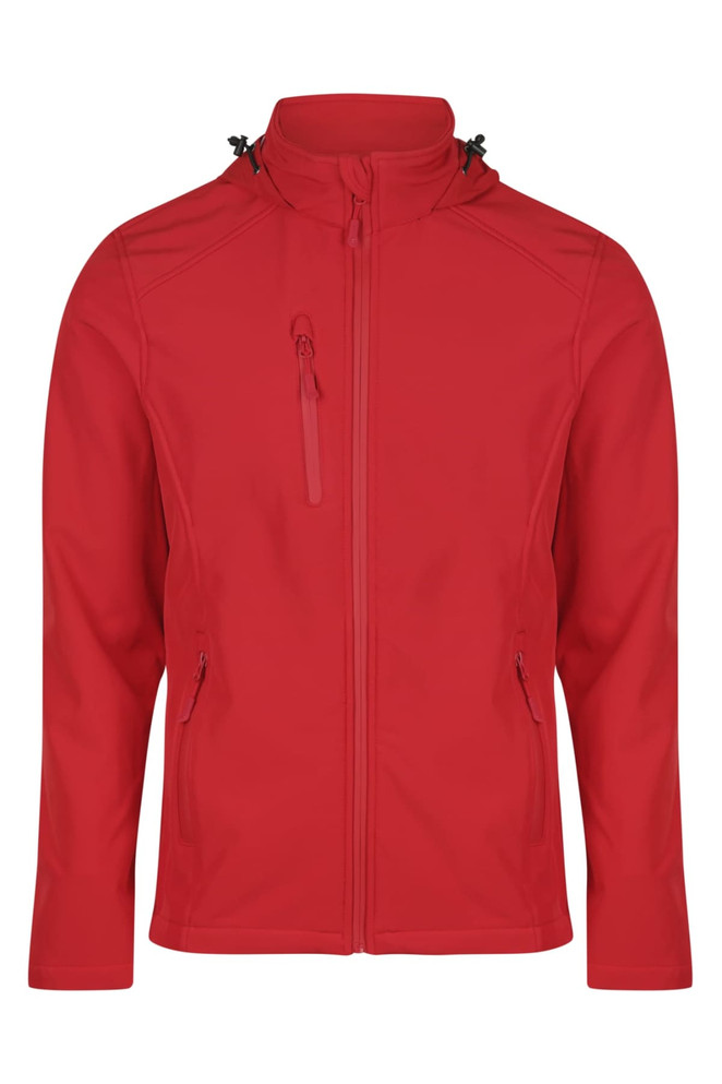 A red jacket with a zip front, adjustable hood, and zippered pockets, featuring a logo on the chest.