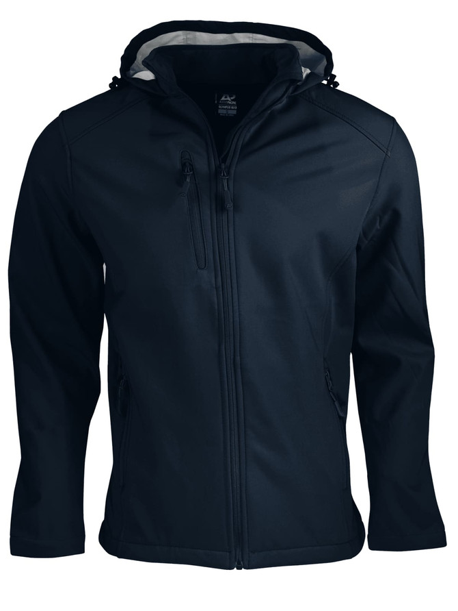 A navy soft shell jacket featuring a hood, zippered front, and branding. Ideal for outdoor wear.