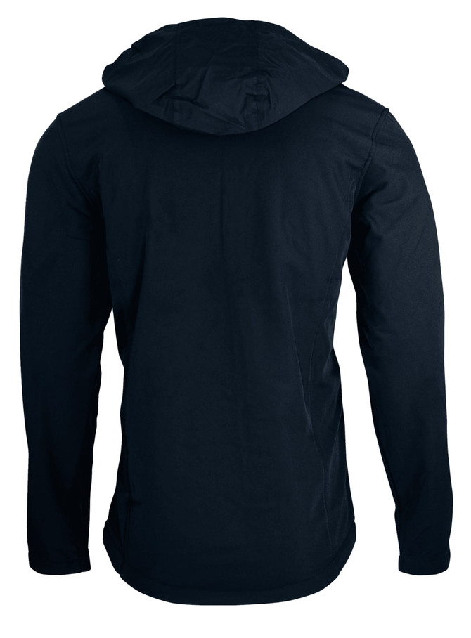 A navy blue soft shell jacket with a hood, featuring a simple design and no visible branding.