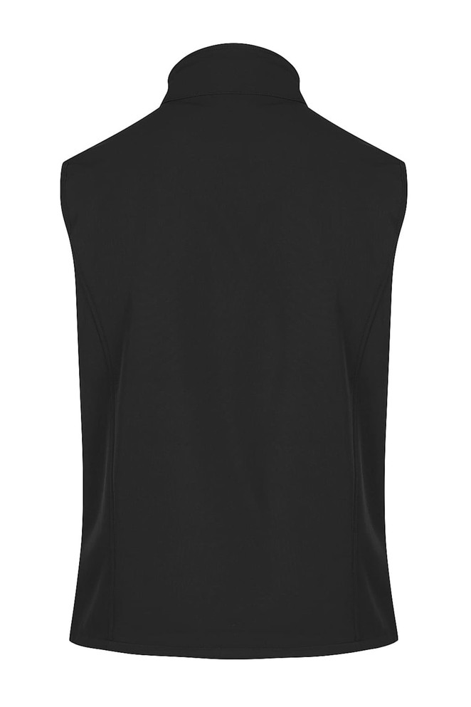 A black men's vest with a high collar, featuring a simple design and no sleeves. It has a branded logo on it.