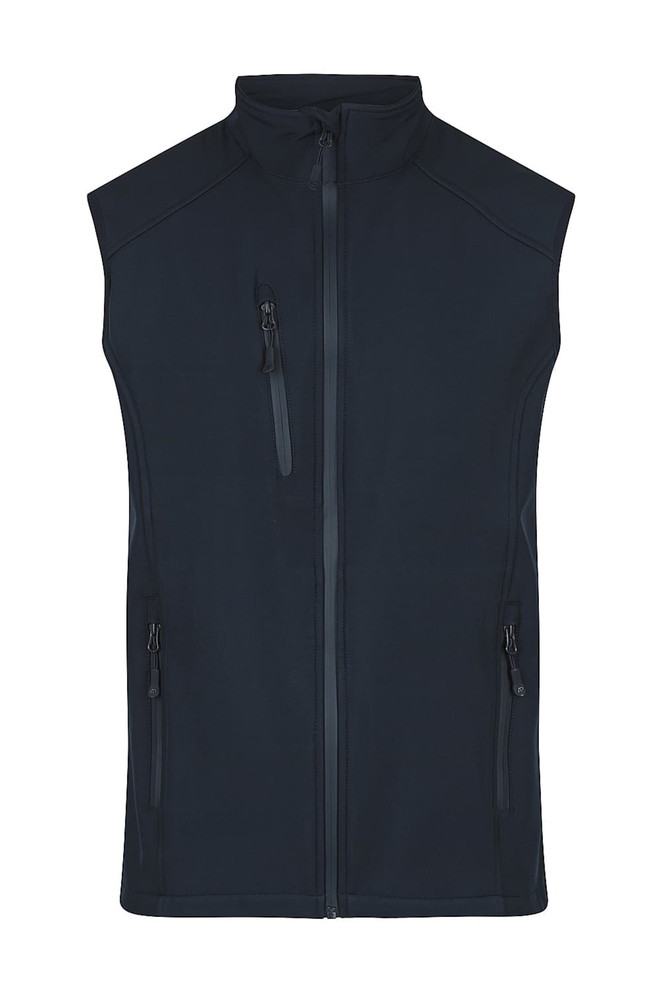 A lightweight black work vest featuring a full zip and multiple pockets, with branding on the front.