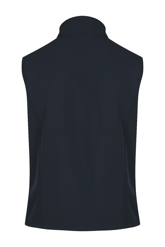 A navy work vest with a high collar and no sleeves, featuring a smooth, sleek design.