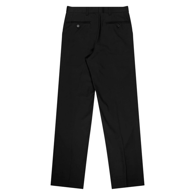 Black pleated men's pants with a straight leg design and two rear pockets. The image features a logo.