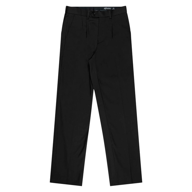 Black pleated men's pants with a waistband and pockets, featuring a logo. Suitable for formal wear.