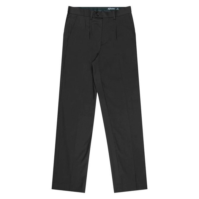 A pair of black pleated men's pants with a logo on the waistband. The pants feature a classic slack design.
