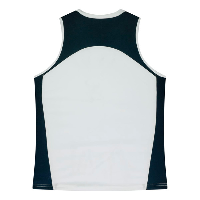 A singlet top in white and navy, featuring a logo, with a sporty design and a comfortable fit.