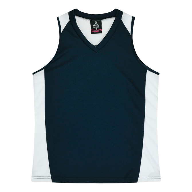 A dark navy singlet with white side panels and a V-neck design. It features a logo.