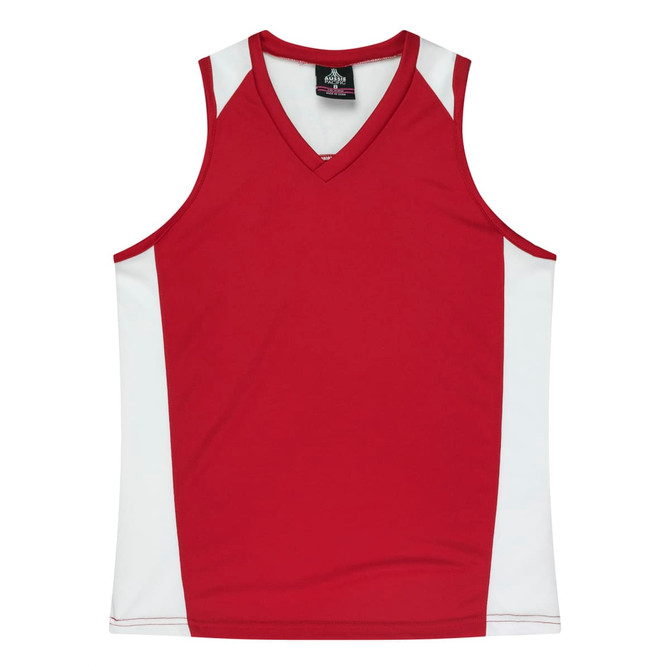 A red singlet with white side panels, featuring a V-neck design and a logo on the neckline.