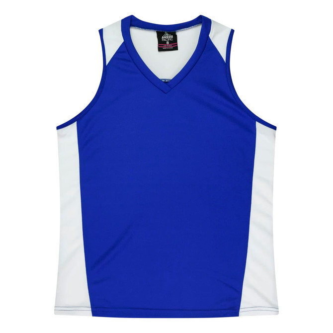 A blue singlet with white side panels and a v-neck design, featuring a logo at the top.