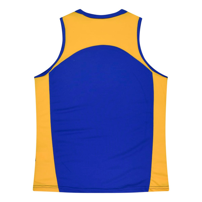 A blue and gold sports singlet featuring a logo. Designed for comfort and active wear.