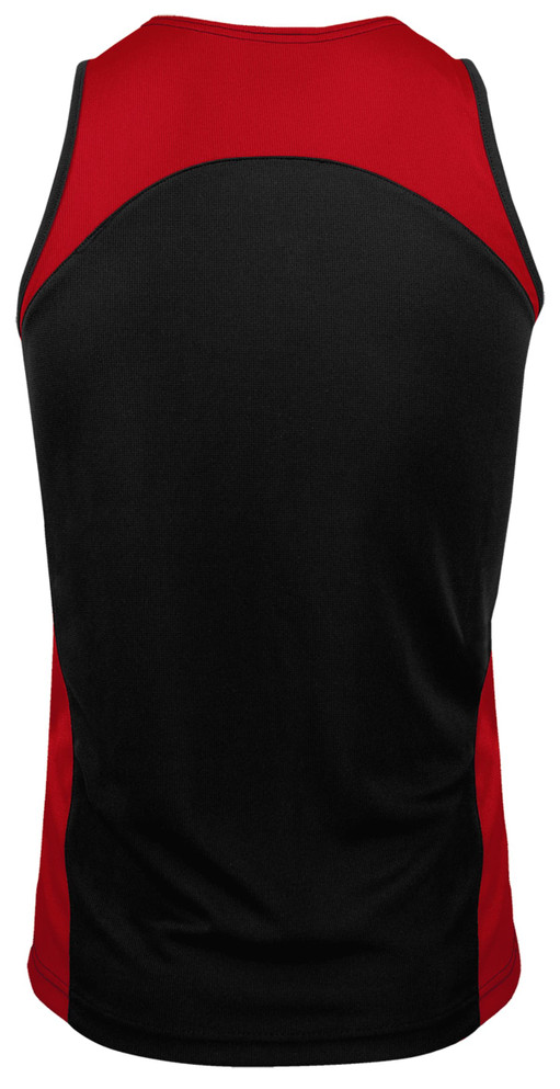 A black and red men's singlet with a smooth fabric featuring a logo on the back.