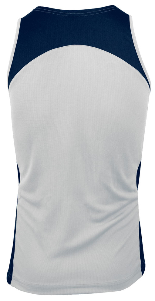 A men's singlet in white with navy blue panels, featuring a logo on the back.