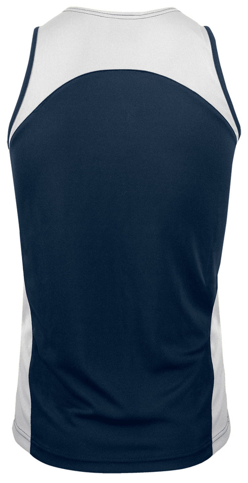 A navy and white men's singlet with a fitted design, featuring a logo on the back.
