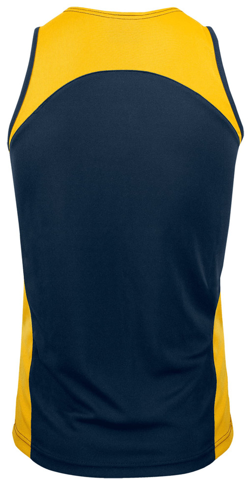 A men's singlet featuring a navy blue body with yellow accents and a logo.