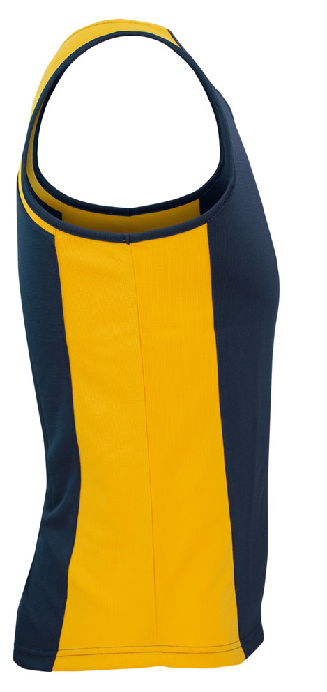 A men's singlet featuring navy blue and yellow colours, with a fitted design and a logo.