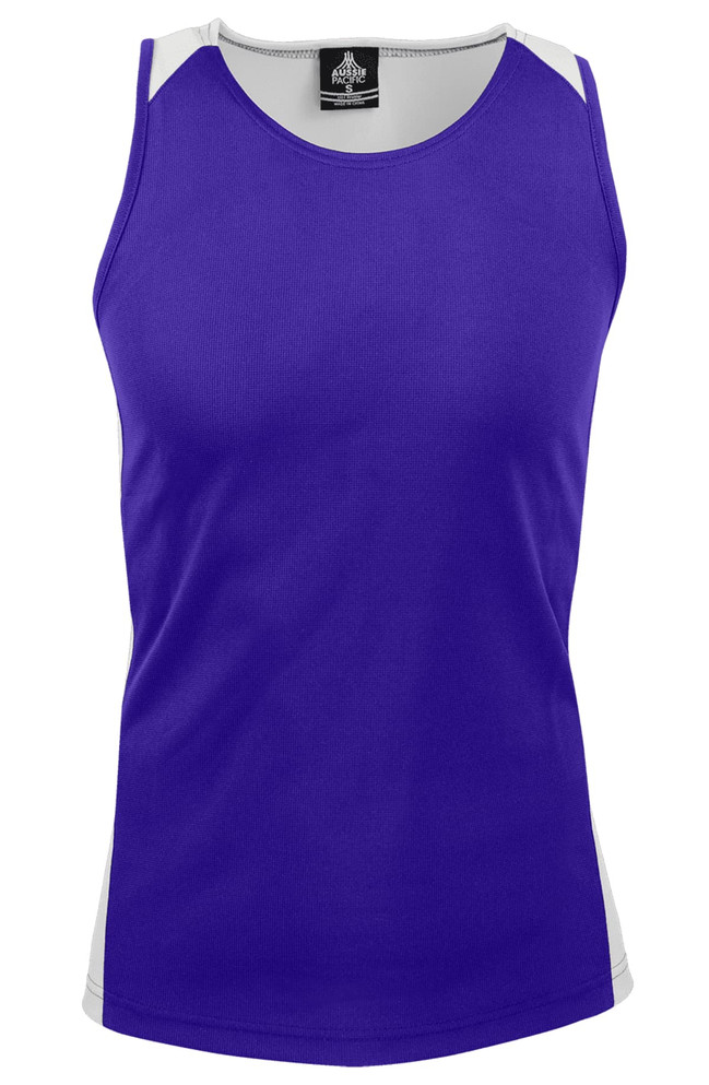 A purple singlet with grey accents and a logo at the neck.