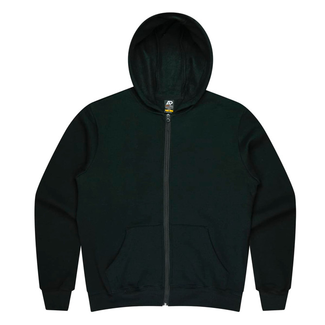 A green zip-up hoodie with a hood and front pockets, featuring a logo.