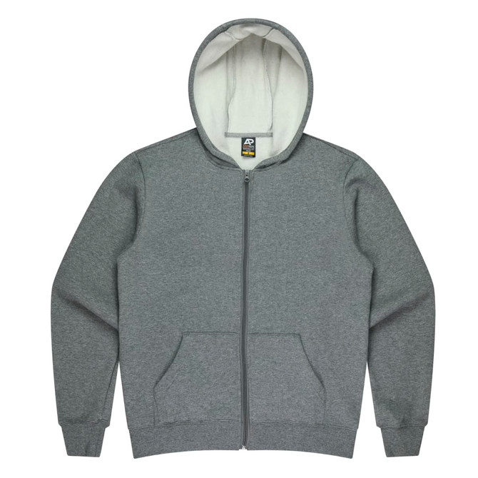 A grey kids' hoodie with a zip closure and a hood, featuring front pockets and a soft lining.