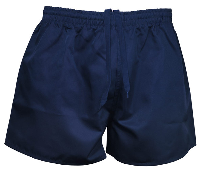 Navy blue rugby men's shorts with an elastic waistband and drawstring, featuring a logo.