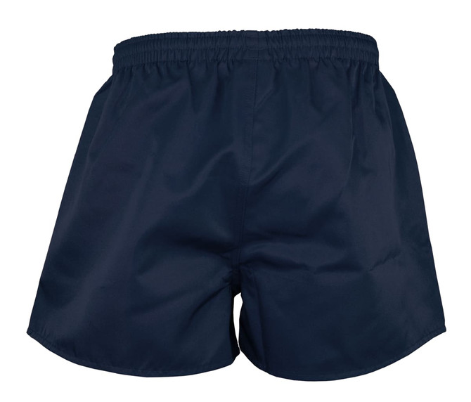 Navy men's rugby shorts featuring an elastic waistband and a logo. Suitable for sports uniforms.