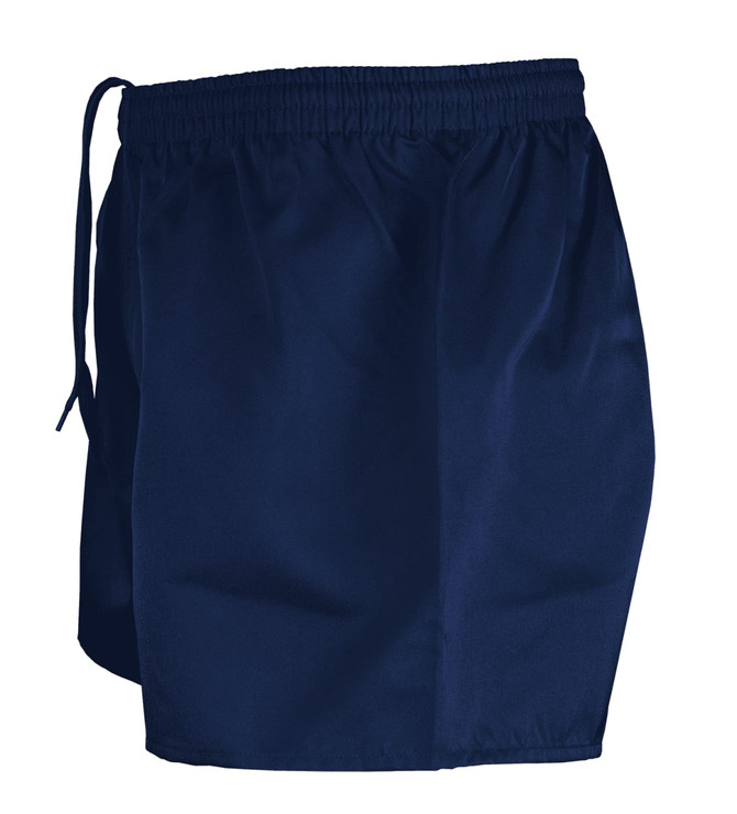 Navy blue rugby men's shorts with an elastic waistband and a drawstring, featuring a logo.